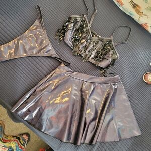 Shiney Metallic 3-Piece Set with Skirt, Thong, Bralette. Size Small. Gunmetal